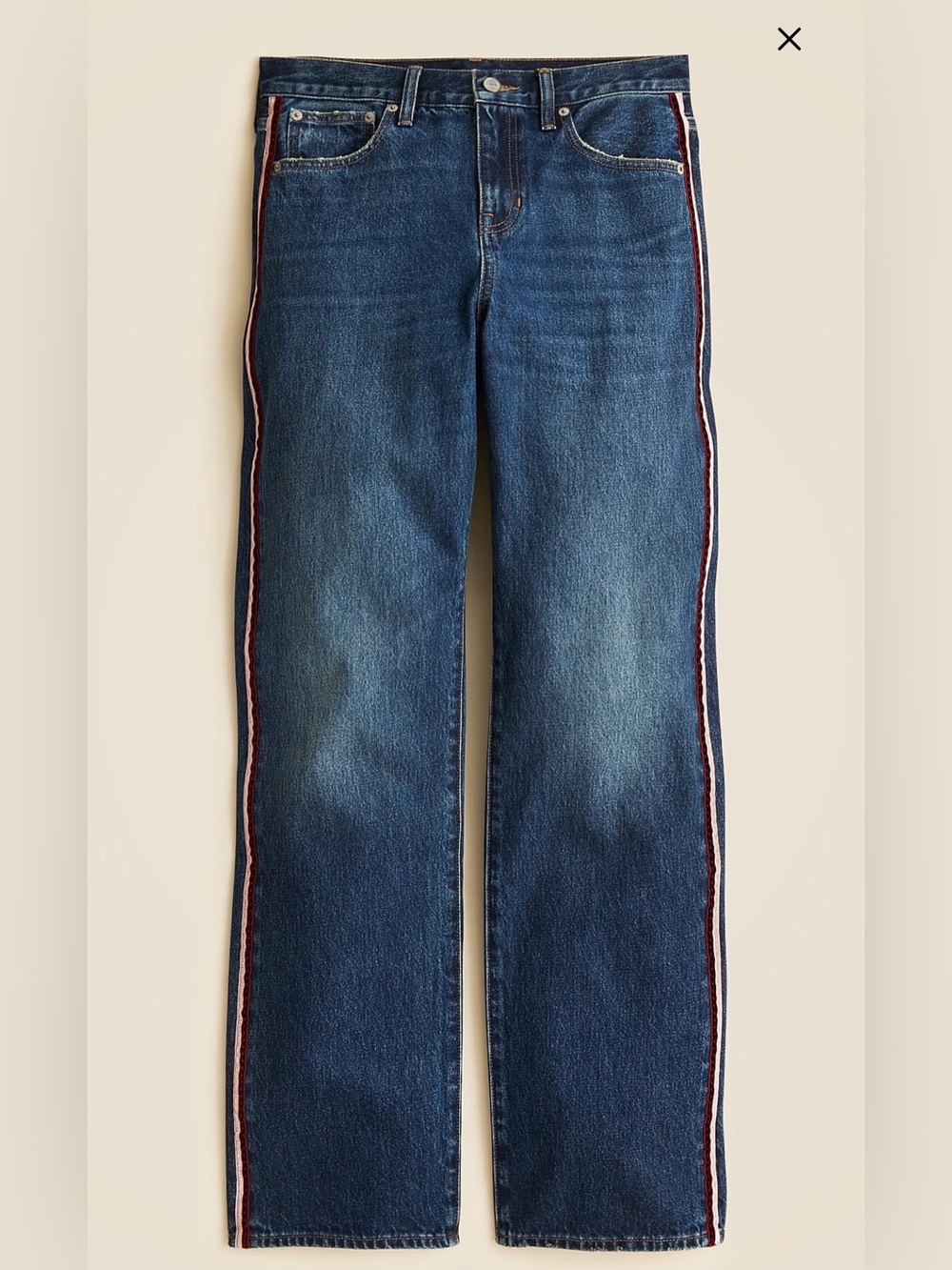 NWT, J Crew Mid-Rise Relaxed Straight Leg Jeans w/ Velvet Stripe, SZ 31, 31” IS
